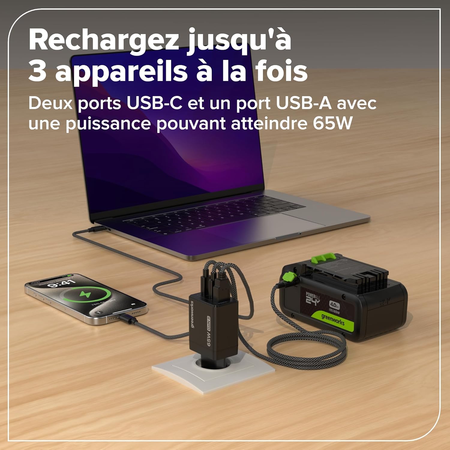 Greenworks Kit de Démarrage 24 V 1x Batterie USB HP 4 Ah + Chargeur 65 W + Câble 100 W 1 m