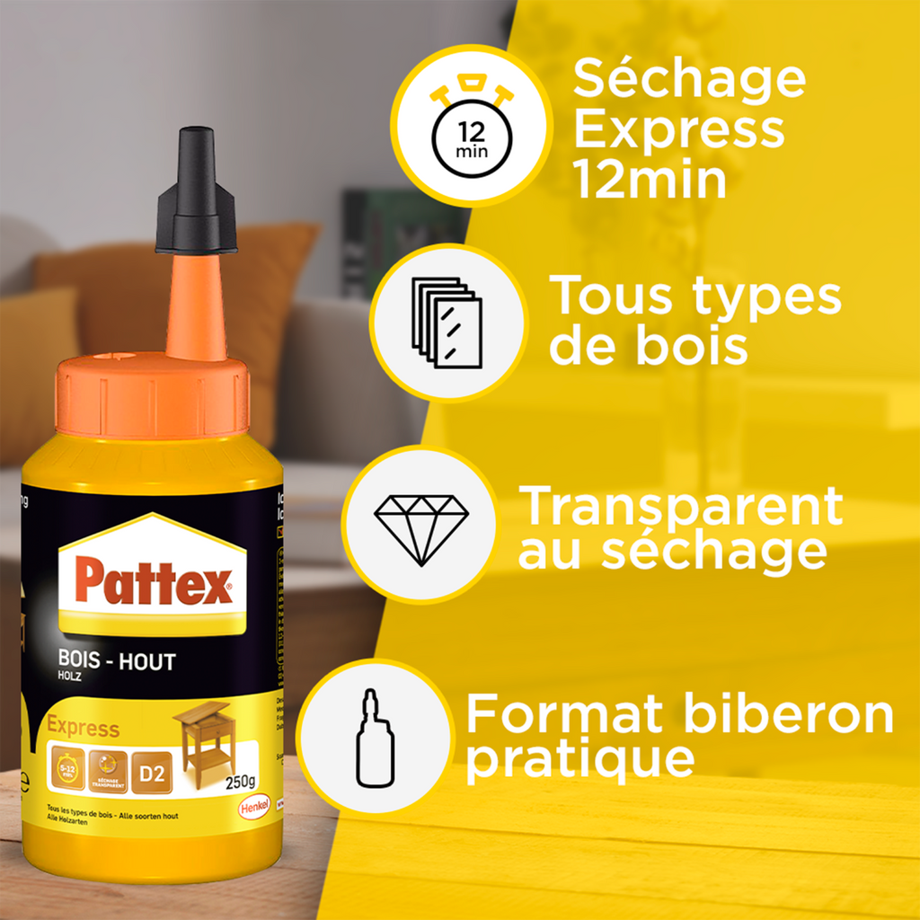 Pattex | Colle à Bois Express Transparente - Séchage Rapide en Biberon de 750g - Vinylique pour Montage, Assemblage, Placage ou Contrecollage