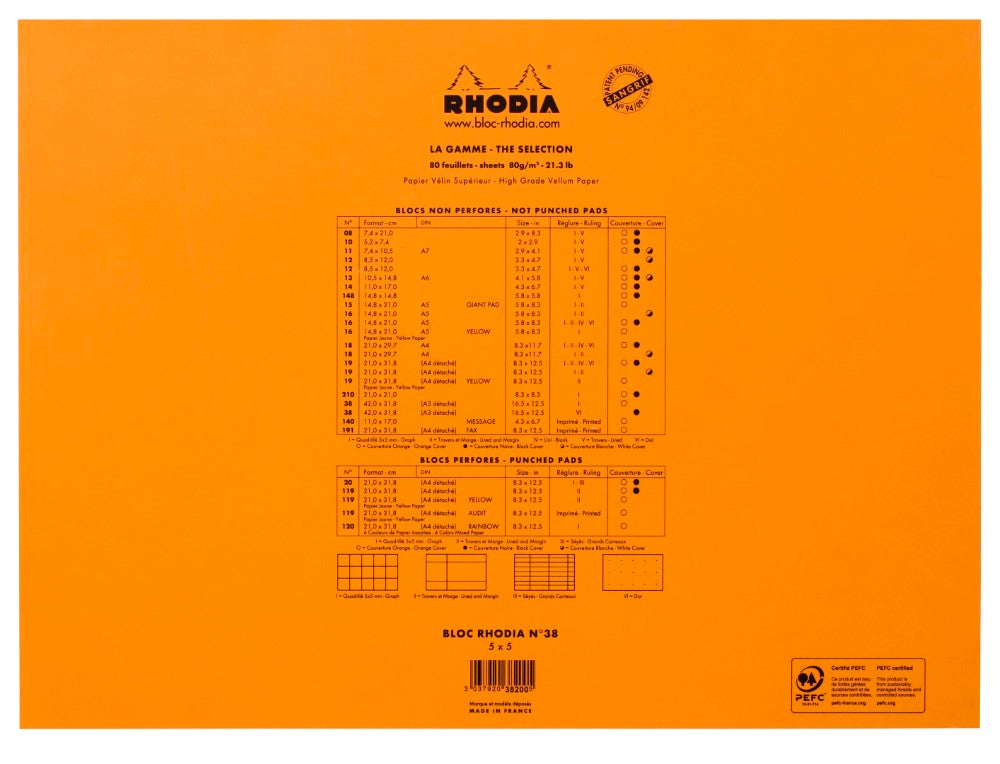 CLAIREFONTAINE Bloc agrafé Rhodia ORANGE N°38 42x31,8 cm 80 feuillets petits carreaux 5x5 80 g
