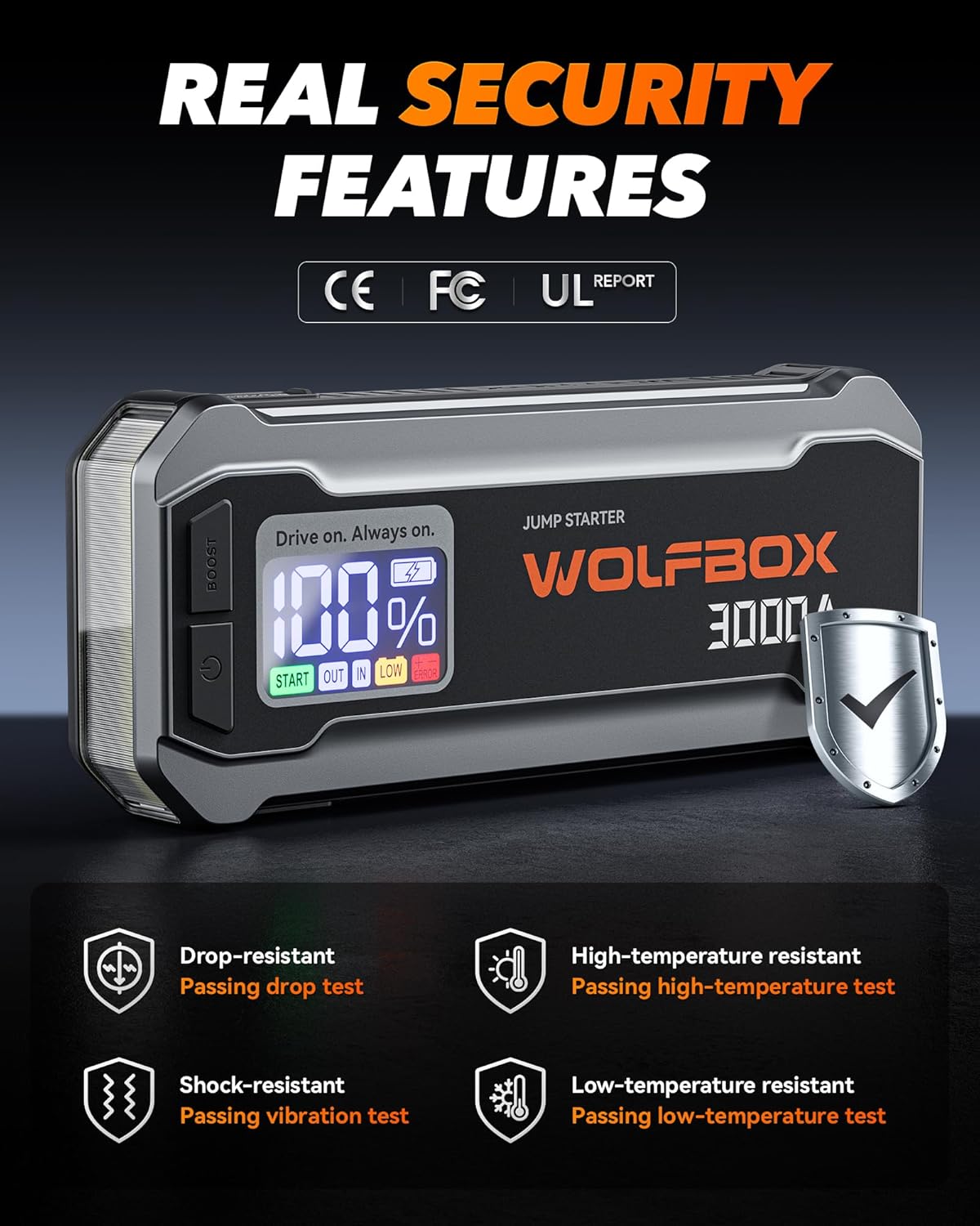 WOLFBOX 3000A Booster de démarrage 12 V batterie portable 59,2 Wh avec chargeur rapide 65 W, écran LED, lampe LED intégrée, câbles de démarrage, compatible moteurs essence 8 L et diesel 6 L