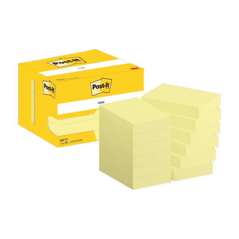 Notes repositionnables Post-it, jaune canard, 51 mm x 76 mm, 100 feuilles/feuille, 12 feuilles/lot, emballage en carton, certification PEFC 100 %, SGSCH-PEFC-COC-110078