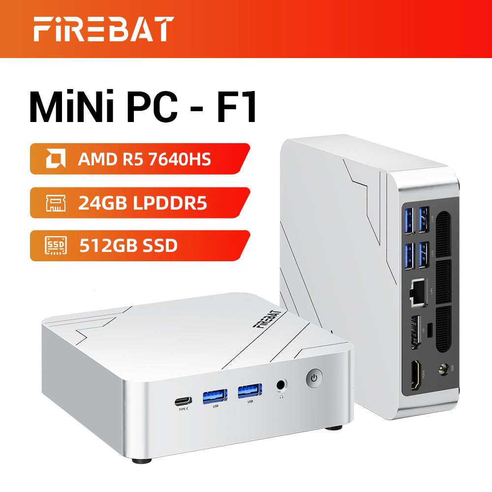 FIREBAT F1 Mini PC AMD Ryzen 5 7640HS 6 cœurs 12 threads 24GB LPDDR5 512GB PCIe 4.0 SSD Radeon 760M 4K triple écran USB 4.0 HDMI 2.1 2.5G Ethernet Wi-Fi 6E Bluetooth 5.2 compact