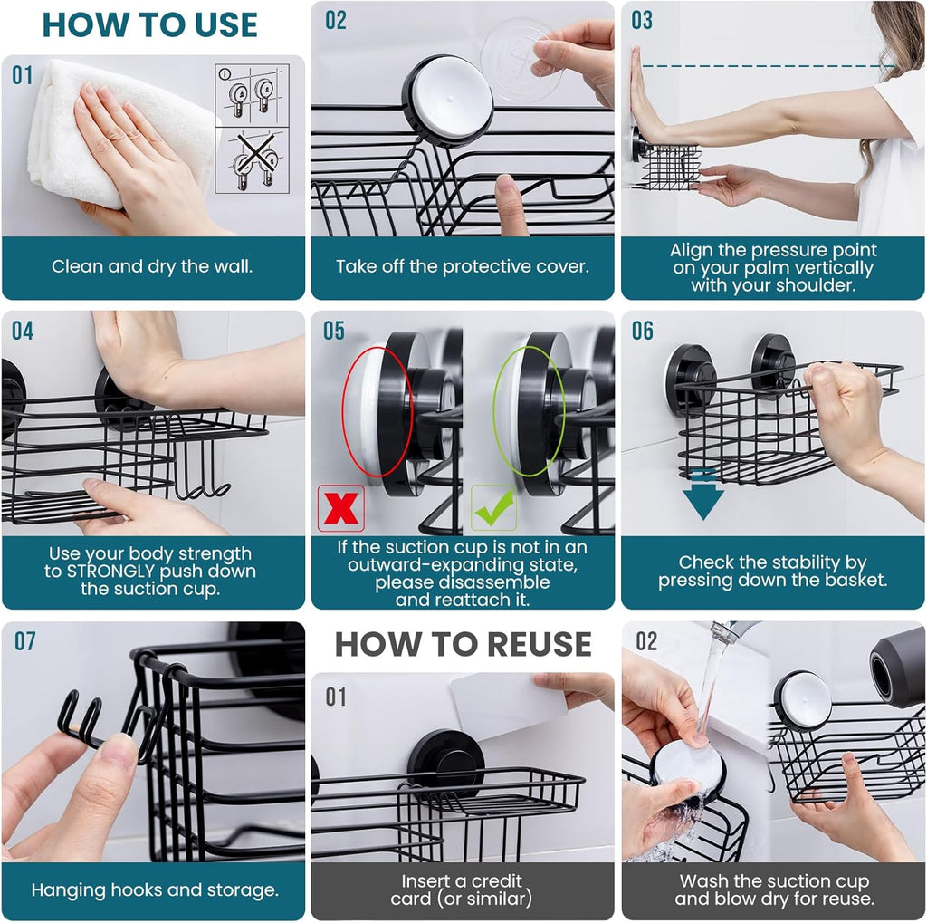 Taili Panier de douche à ventouse, Organiseur de salle de bain robuste, Étagères amovibles pour intérieur de douche, Support pour shampoing