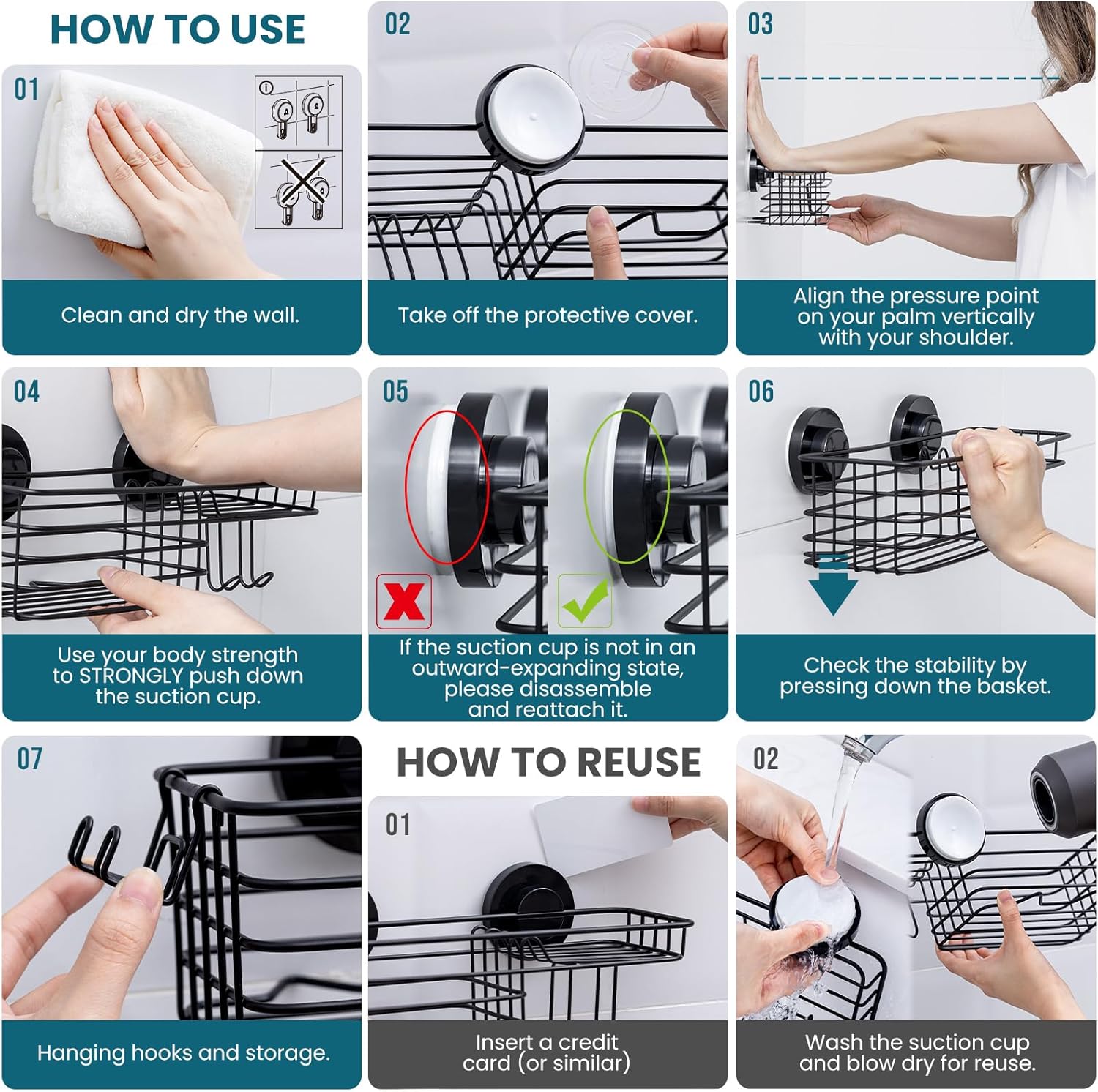 Taili Panier de douche à ventouse, Organiseur de salle de bain robuste, Étagères amovibles pour intérieur de douche, Support pour shampoing