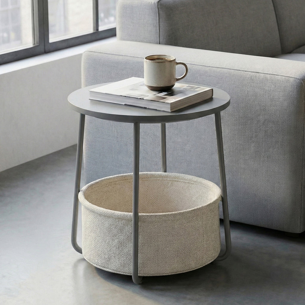 JOYFURNOS Table d'appoint, Bout de canapé rond avec panier en tissu, Pour salon et chambre, Table de chevet, Style moderne, Gris