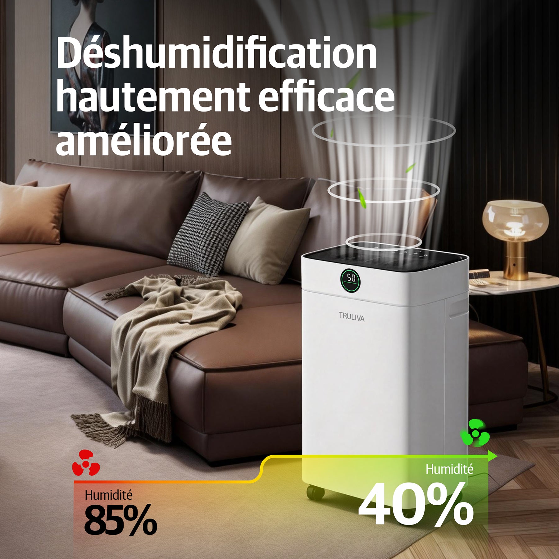 TRULIVA Déshumidificateur 25 L/jour avec séchage du linge, dégivrage automatique, R290, réservoir de 2,8 L et tuyau d’évacuation en continu, pour la maison, les sous-sols