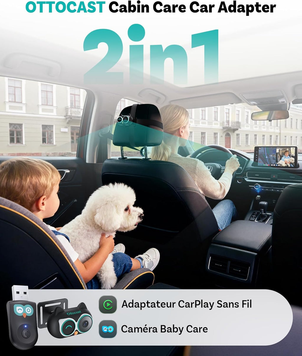 OTTOCAST Cabin Care Caméra voiture pour bébé, Écran partagé pour CarPlay sans fil et vue bébé, Vision nocturne sans lueur, Prêt à l’emploi, Grand angle 150°, 1080P