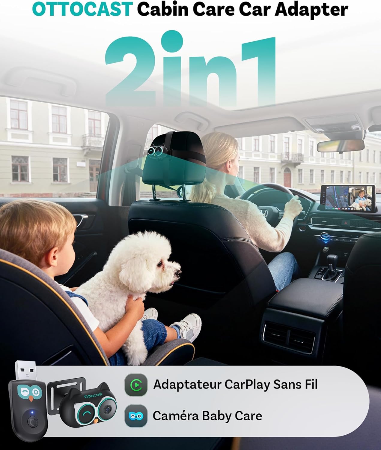 OTTOCAST Cabin Care Caméra voiture pour bébé, Écran partagé pour CarPlay sans fil et vue bébé, Vision nocturne sans lueur, Prêt à l’emploi, Grand angle 150°, 1080P