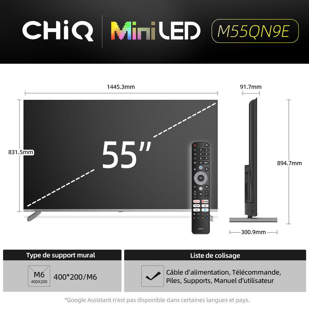 CHiQ M55QN9E 55" 4K UHD Mini LED QLED TV | 100 Zones Local Dimming | Dolby Atmos/Vision | DLG 120 Hz + MEMC | Google TV (Android 14)