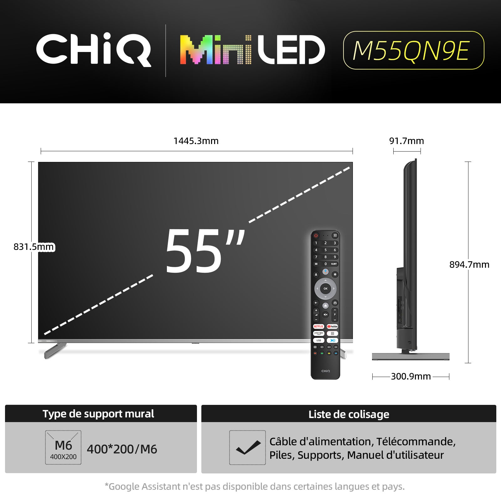 CHiQ M55QN9E 55" 4K UHD Mini LED QLED TV | 100 Zones Local Dimming | Dolby Atmos/Vision | DLG 120 Hz + MEMC | Google TV (Android 14)