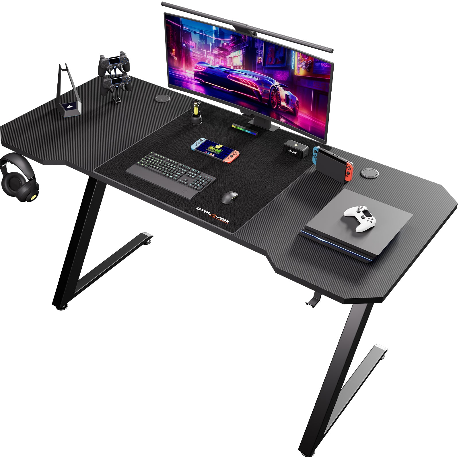 GTPlayer Bureau de jeu robuste, 120 x 60 cm, Surface en fibre de carbone, Crochet pour casque, Noir