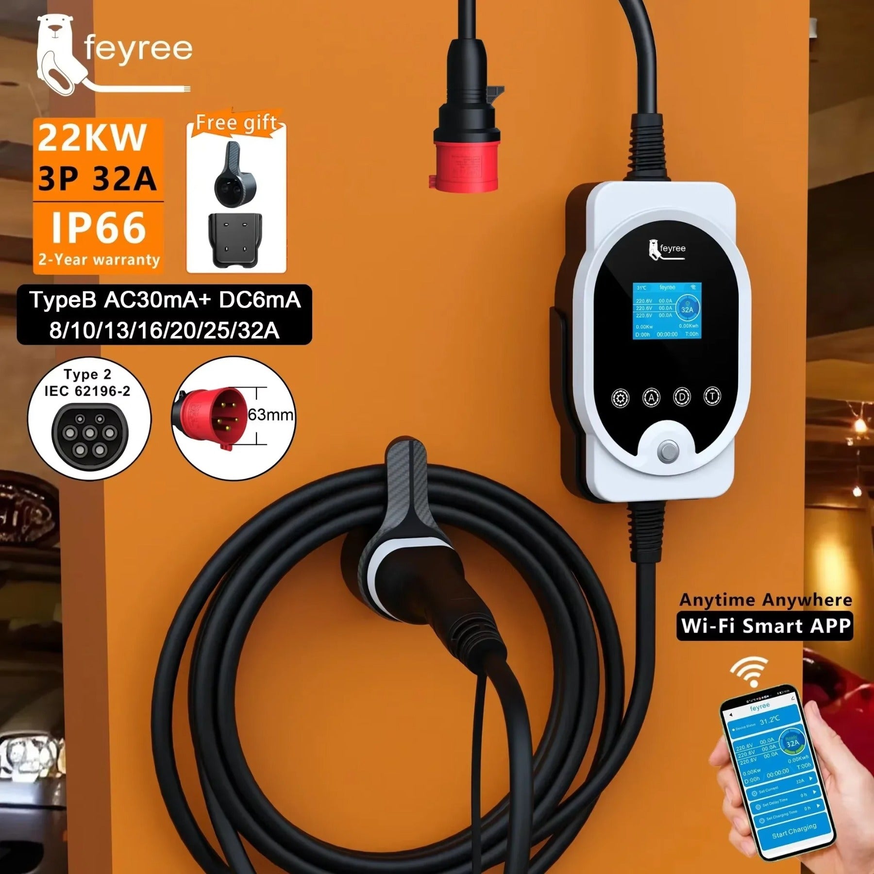 feyree Chargeur portable 22 kW pour voiture électrique, câble Type 2, 32 A, 3 phases, station de recharge EVSE intelligente Wi‑Fi avec application, station de recharge rapide
