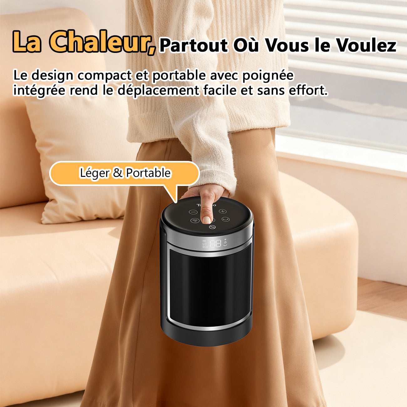 Totopia Radiateur électrique 1500 W 4 modes Élément chauffant céramique PTC Affichage LED et télécommande Minuterie 12 h Oscillation large Protections surchauffe et basculement PTC-907B