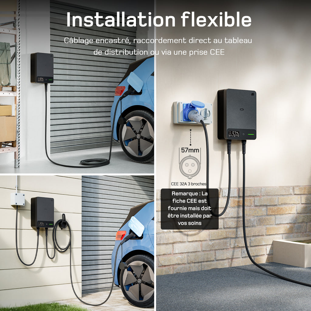 dé Borne de recharge pour véhicules électrique 7.4 kW APP, 7,5 m, 6-32 A, monophasé avec câble de recharge Type 2, RFID, RCD Type-B et IP54 compatible E-208 et autres BEV/PHEV