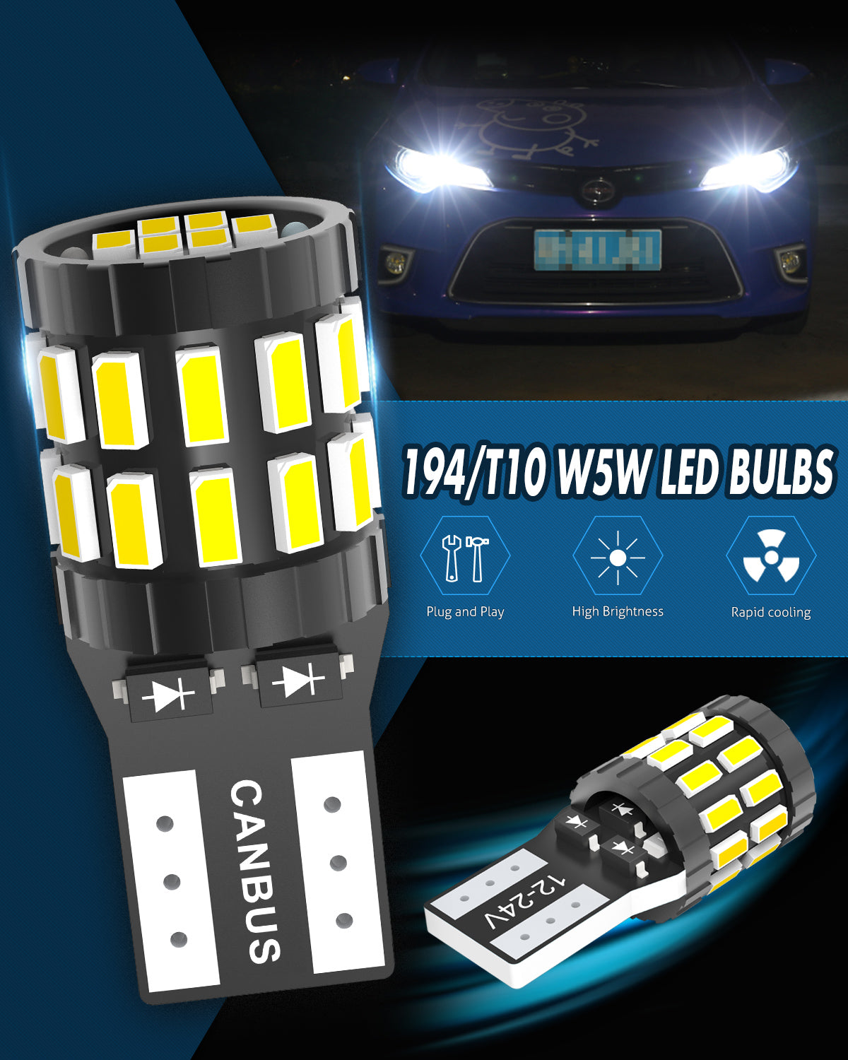 Katur 194 T10 W5W 501 168 Ampoule LED ultra lumineuse 6000 K blanc xénon 12-24 V compatible bus CAN sans erreur, ampoule LED de remplacement pour plafonnier, liseuse