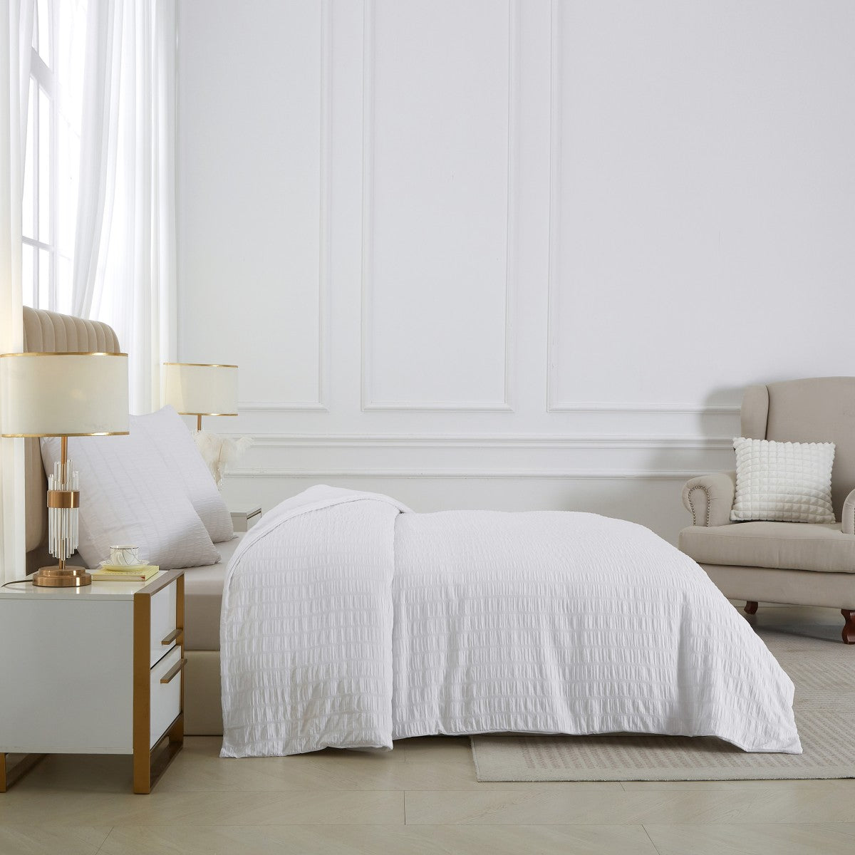 MEEALLHOME Parure de lit Seersucker blanc - 1 housse 155 x 220 cm et 2 taies 80 x 80 cm