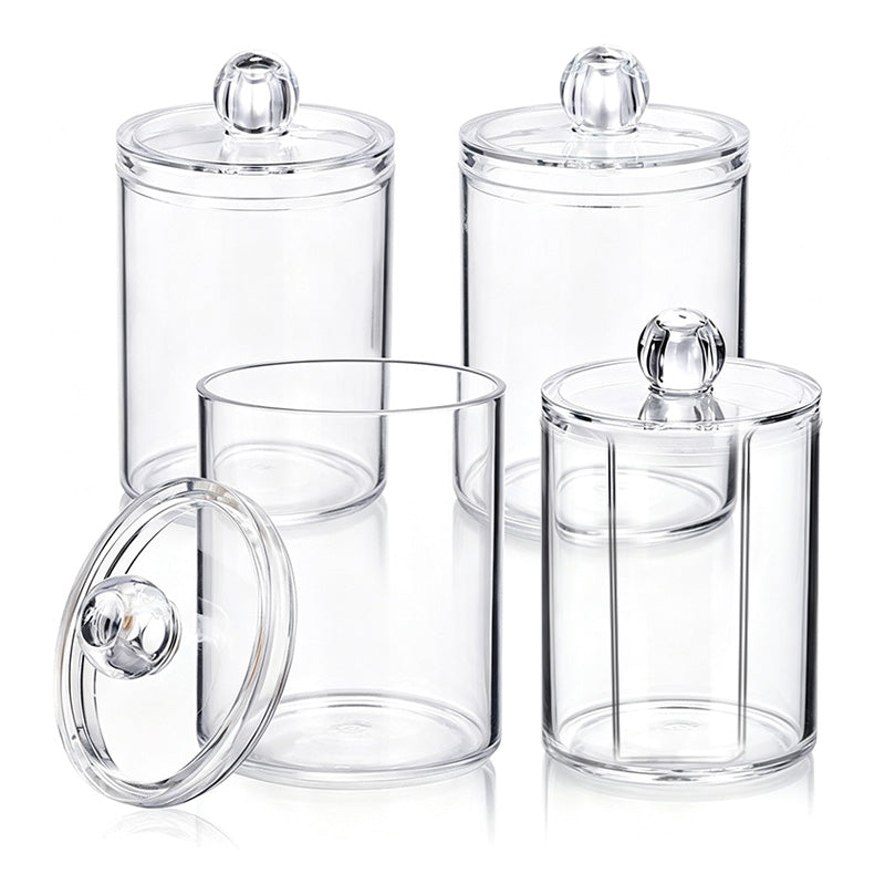 JORDAN&JUDY Boîte de coton-tiges en plastique acrylique transparent, boîte de rangement de bureau pour cotons à démaquiller et fil dentaire (3 ronds + 1 avec ouverture latérale)