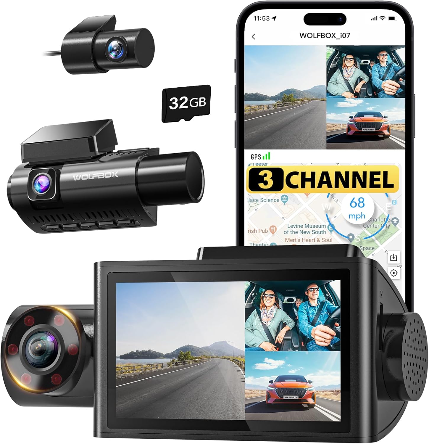 WOLFBOX i07 Caméra embarquée 3 canaux avec Wi-Fi et GPS intégrés, Caméra embarquée 4K avant et intérieure, Triple caméra de voiture 1440p+1080p+1080p avec écran LCD 3 pouces