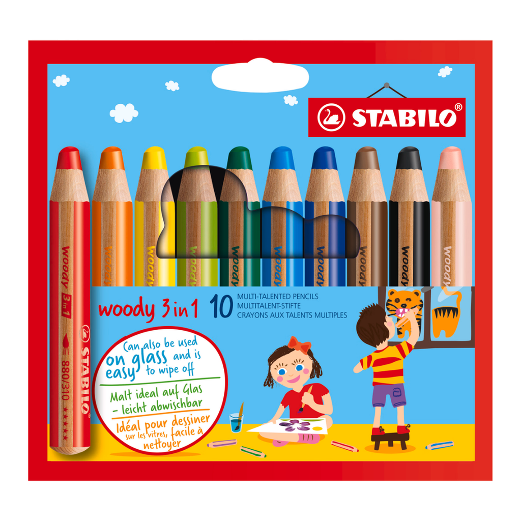 STABILO Woody 3-en-1 Coffret de crayons de couleur, crayons aquarelle et crayons de cire - 10 pièces avec 10 couleurs assorties