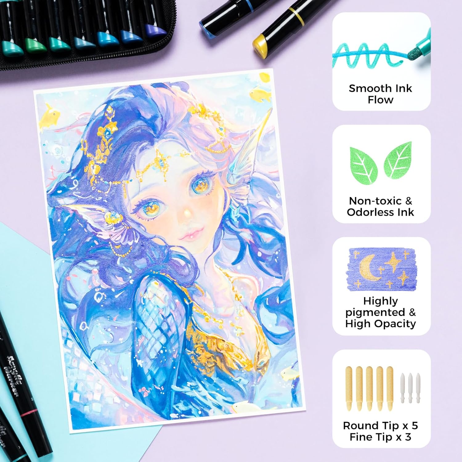 Ohuhu Stylos de peinture acrylique 30 couleurs : à double pointe (ronde et fine)