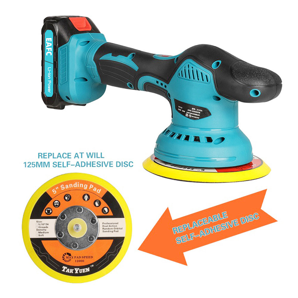 EAFC Polisseuse-cireuse électrique sans fil pour voiture 21 V, Outils de lustrage, 8 vitesses, 2800-5500 tr/min, Batterie rechargeable 7500 mAh (1500 mAh*5), Disque 125 mm