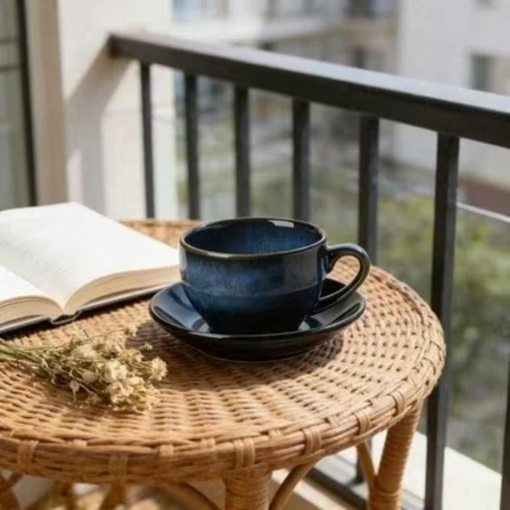YumiPLUS Mug à café bleu rétro avec soucoupe, lot de 1
