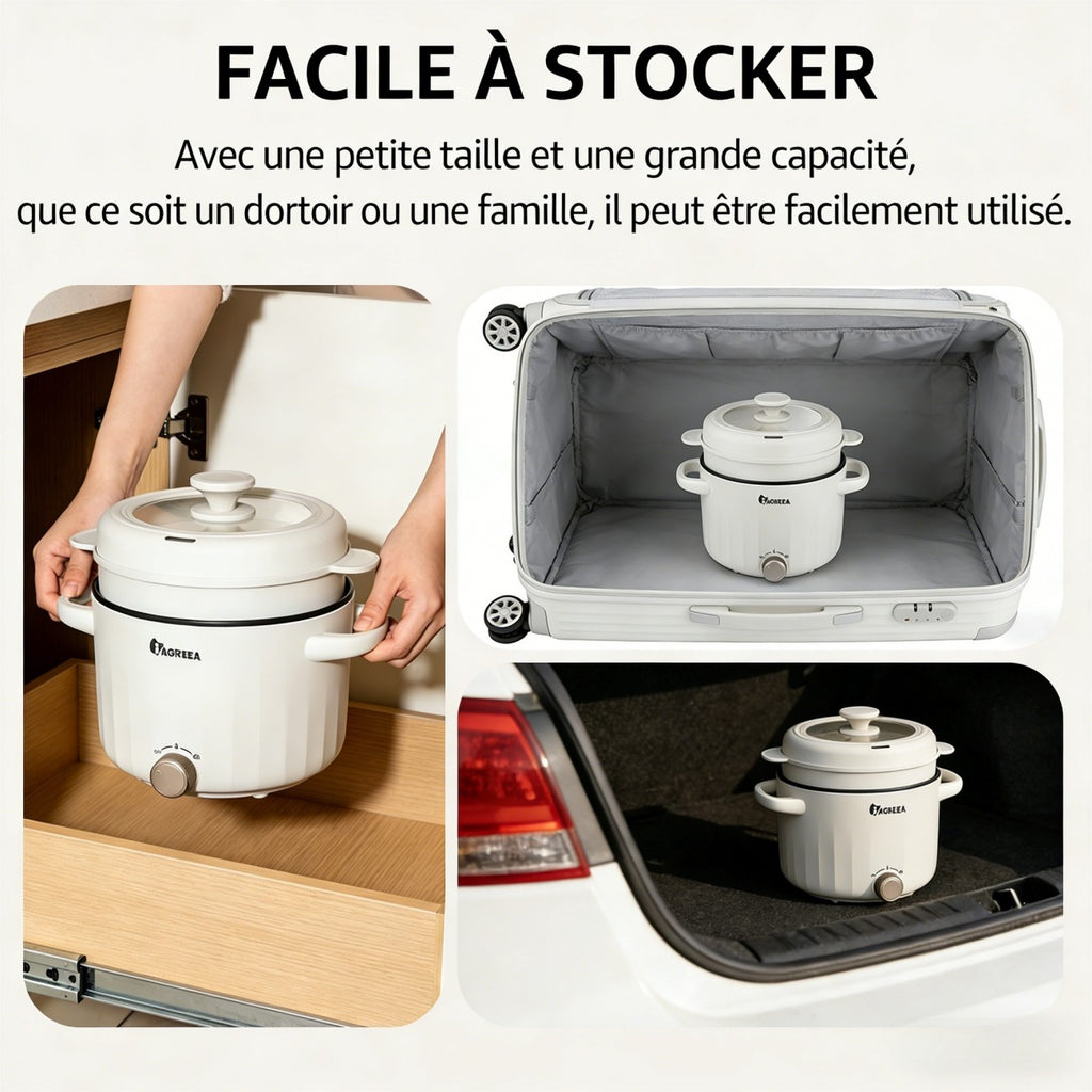 IAGREEA Mijoteuse, marmite électrique compacte 1000 W 2,6 L avec panier vapeur, 2 réglages de puissance, revêtement antiadhésif et contrôle de la température