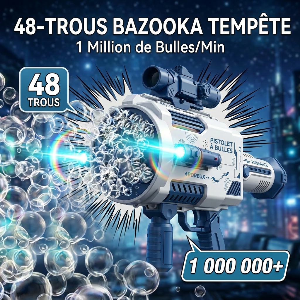Pistolet à bulles automatique Tokky à 48 trous avec lumières LED, Machine à bulles rechargeable, Conception anti-fuite, Plus d'un million de bulles par minute