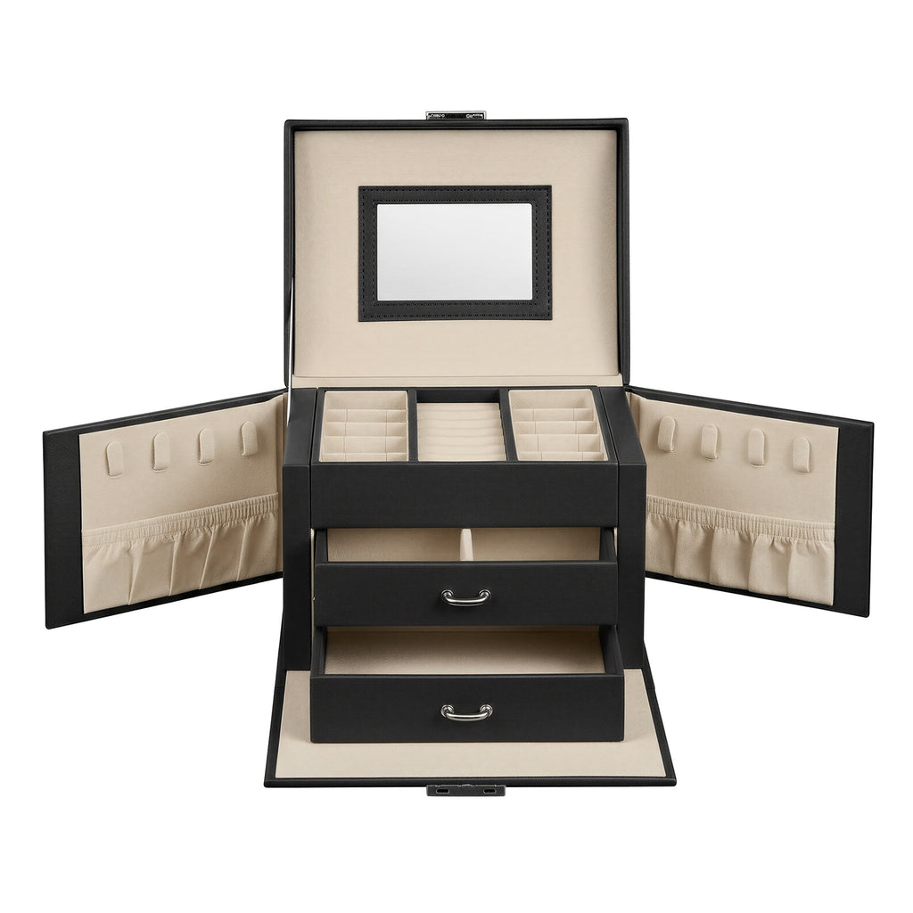 JOYFURNOS Boîte de voyage pour bijoux avec miroir, 2 tiroirs, verrouillable, idée cadeau, noir