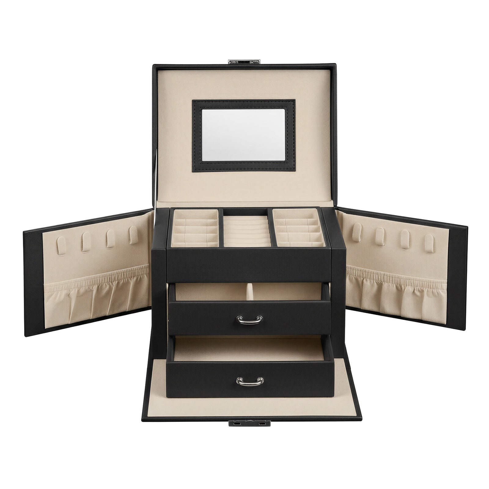 JOYFURNOS Boîte de voyage pour bijoux avec miroir, 2 tiroirs, verrouillable, idée cadeau, noir
