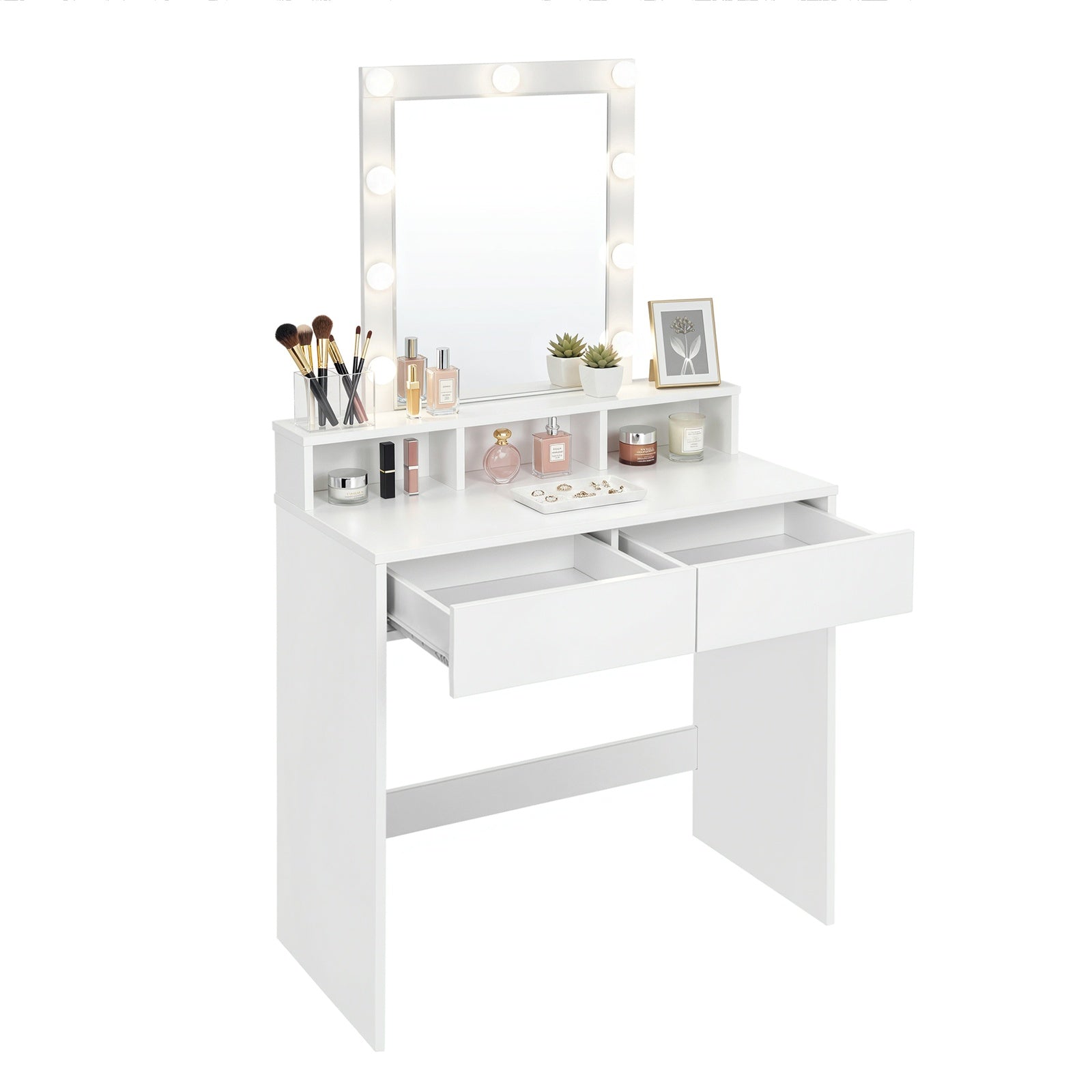 JOYFURNOS Coiffeuse avec Grand Miroir LED, 2 Tiroirs et 3 Compartiments, Coin Beauté, Style Moderne, Blanc