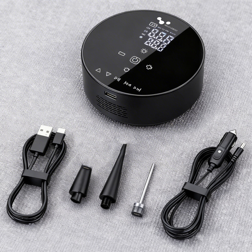 Gonfleur de pneus de voiture sans fil double alimentation 4500 mAh – Compresseur d'air portable avec haut-parleur Bluetooth, batterie externe et lampe LED