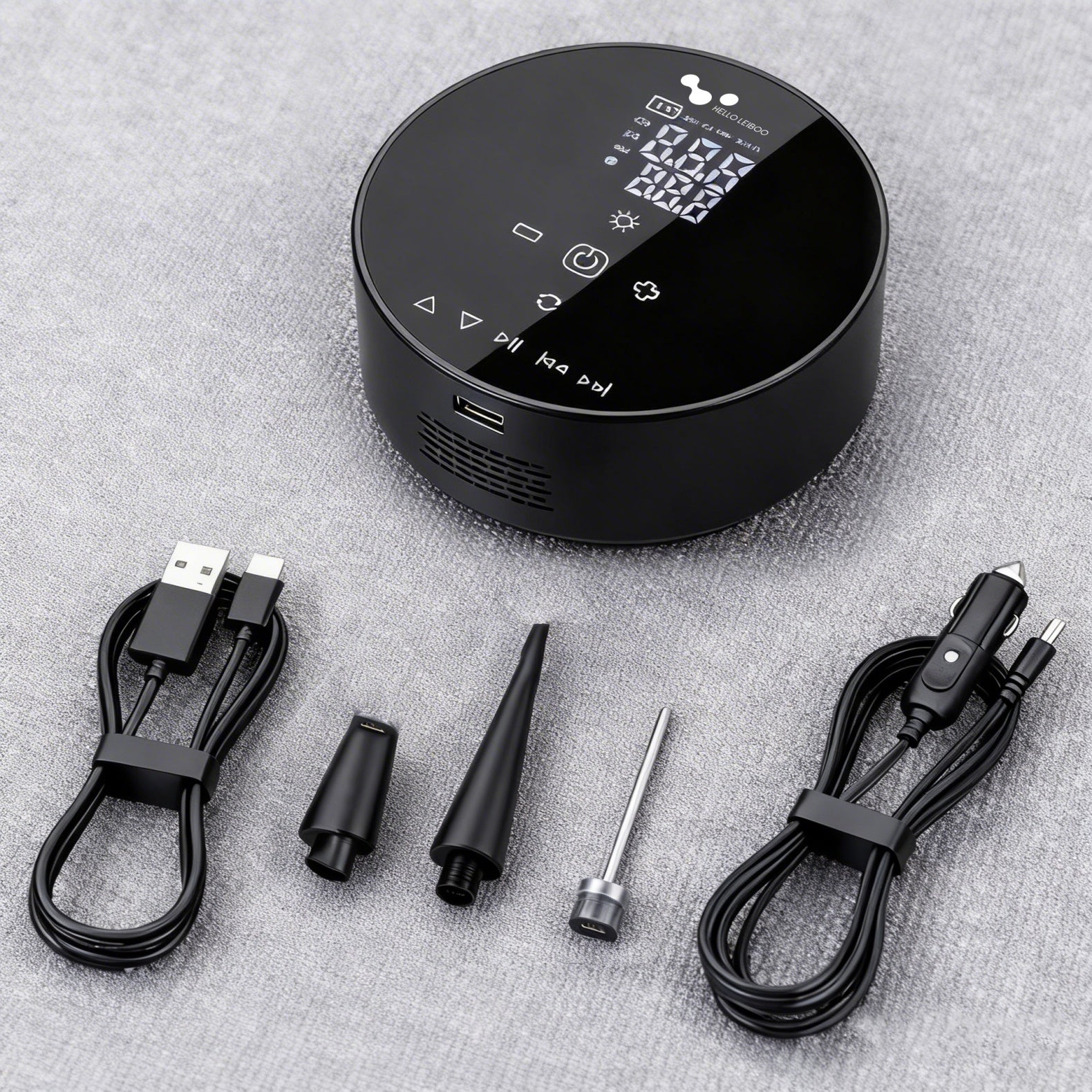 Gonfleur de pneus de voiture sans fil double alimentation 4500 mAh – Compresseur d'air portable avec haut-parleur Bluetooth, batterie externe et lampe LED