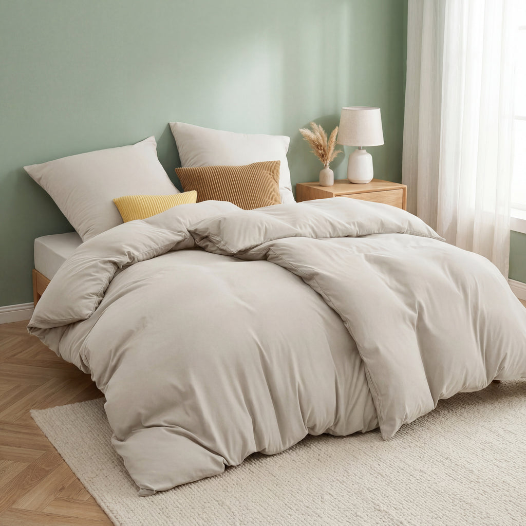 Parure de lit 4 pièces 135 x 200 cm - Beige - 2 housses de couette 135 x 200 cm et 2 taies d'oreiller 80 x 80 cm - Certifié Oeko-TEX - En microfibre de 90 % de polyester avec fermeture éclair, 90 % de polyester