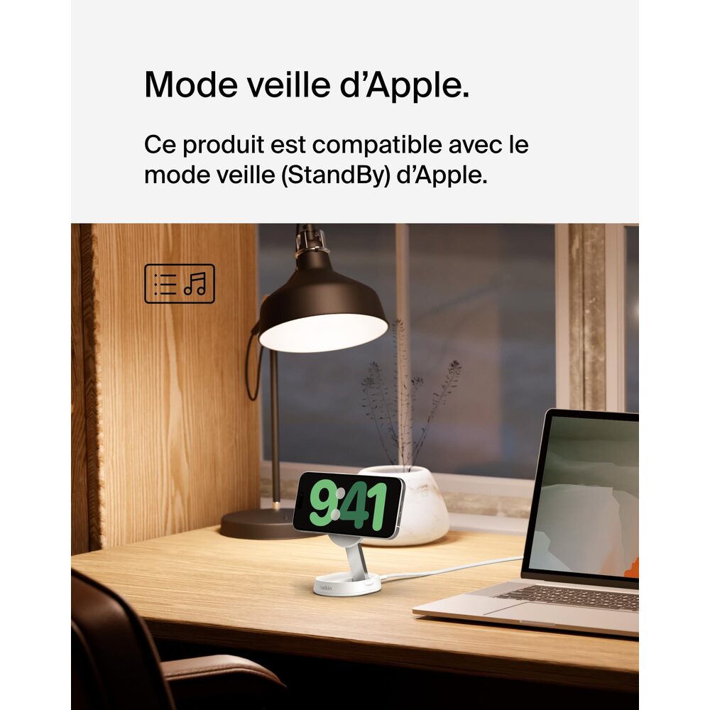 BELKINBOOST CHARGE Pro Qi2 Chargeur sans fil magnétique et pliable à induction 15 W compatible MagSafe pour iPhone 16/15/14 et AirPods, adaptateur secteur 20 W inclus - Blanc