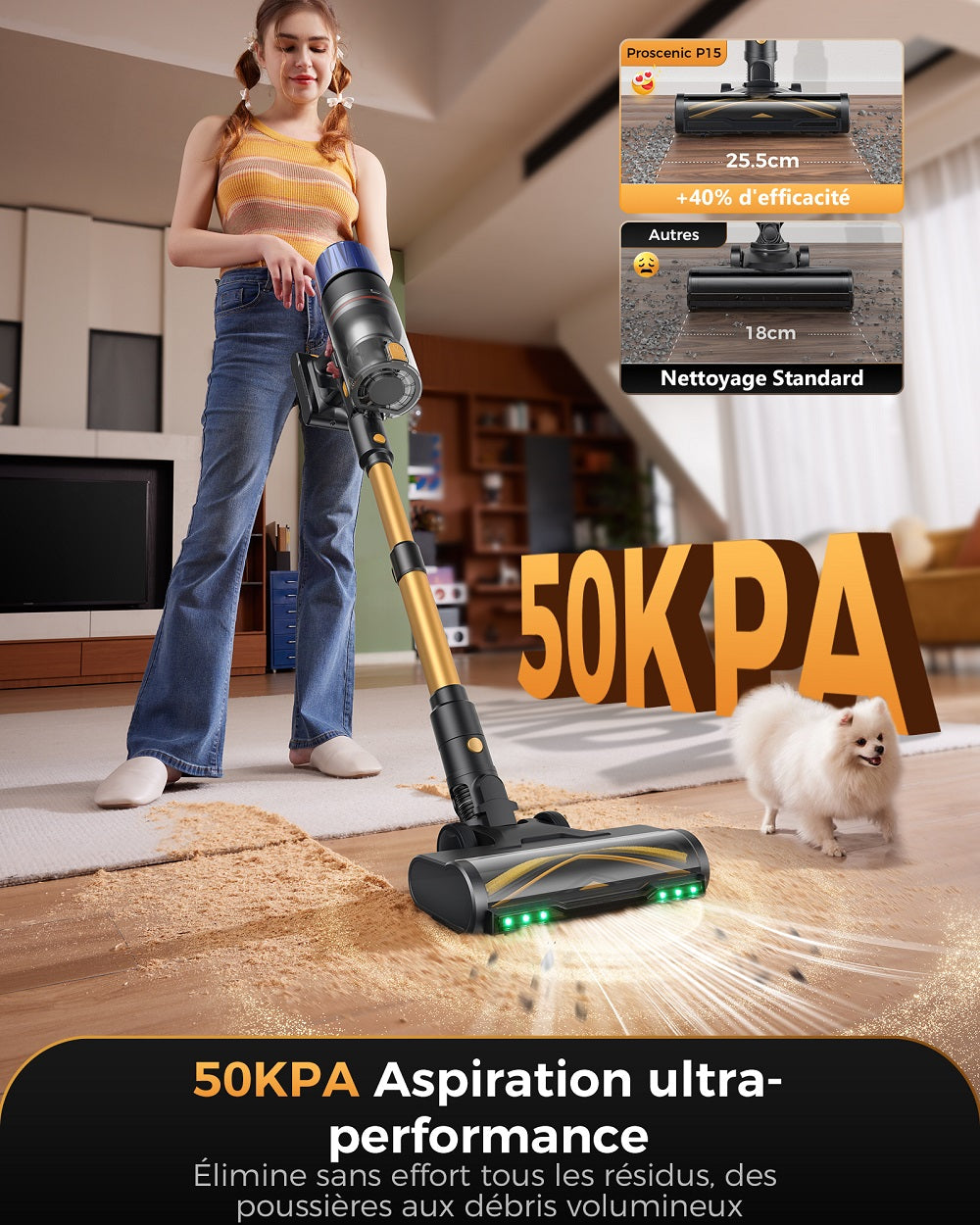 Proscenic 15 aspirateur sans fil, puissant 600 W/55 kPa 70 min aspirateur sans fil autoportant avec support mural