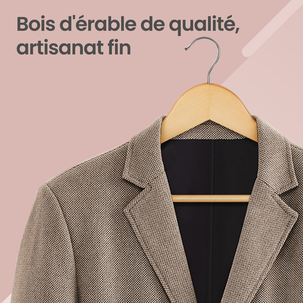 Ochama Lot de 10 cintres à manteaux en bois naturel – encoches d’épaule antidérapantes, crochet pivotant argenté 360° – parfaits pour costumes, chemises et manteaux