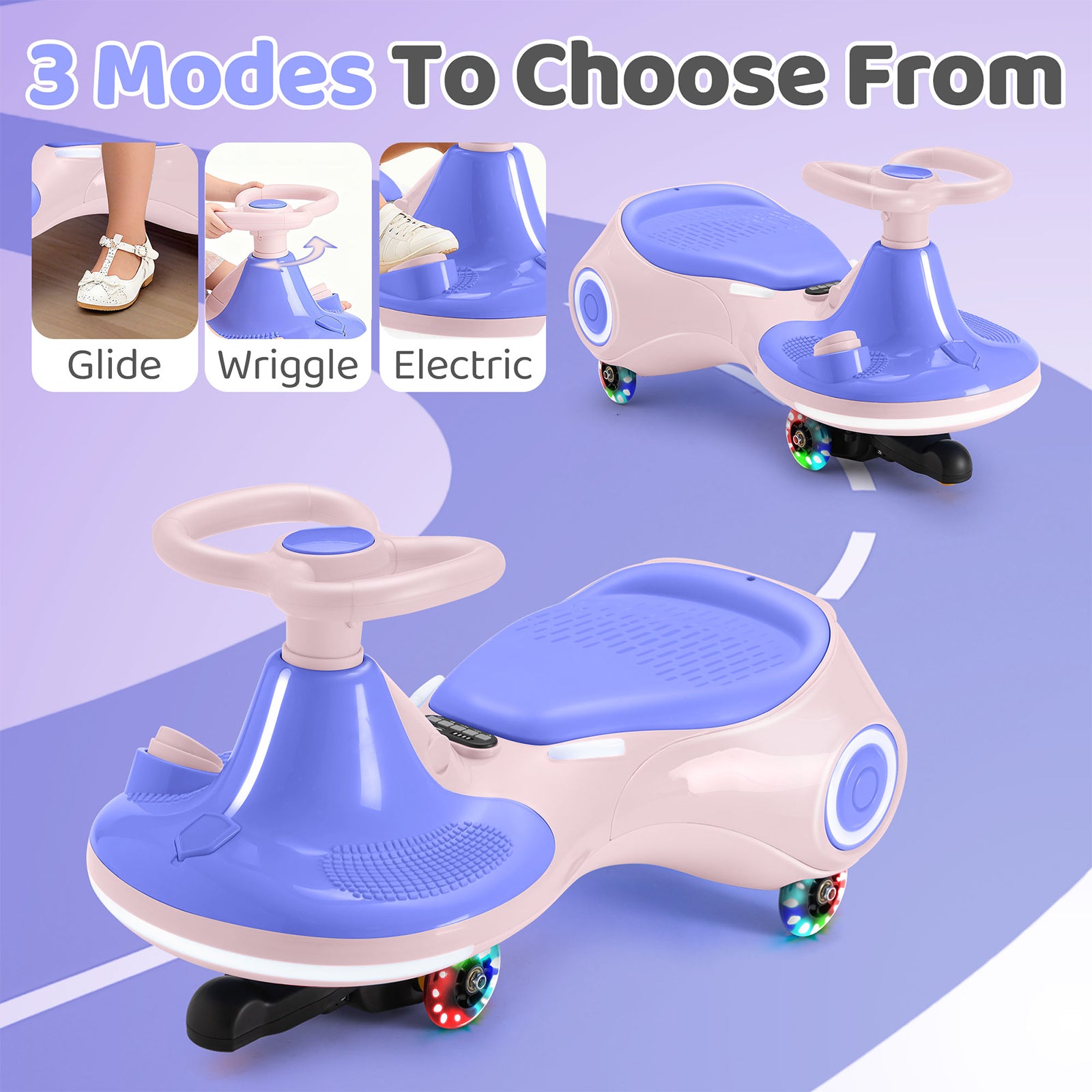 Neuleb Voiture électrique zigzagante pour enfants, Batterie rechargeable 12 V, Trottinette bascule 3 en 1 avec pédale, Musique Bluetooth et roues lumineuses, Max 3,2 mph