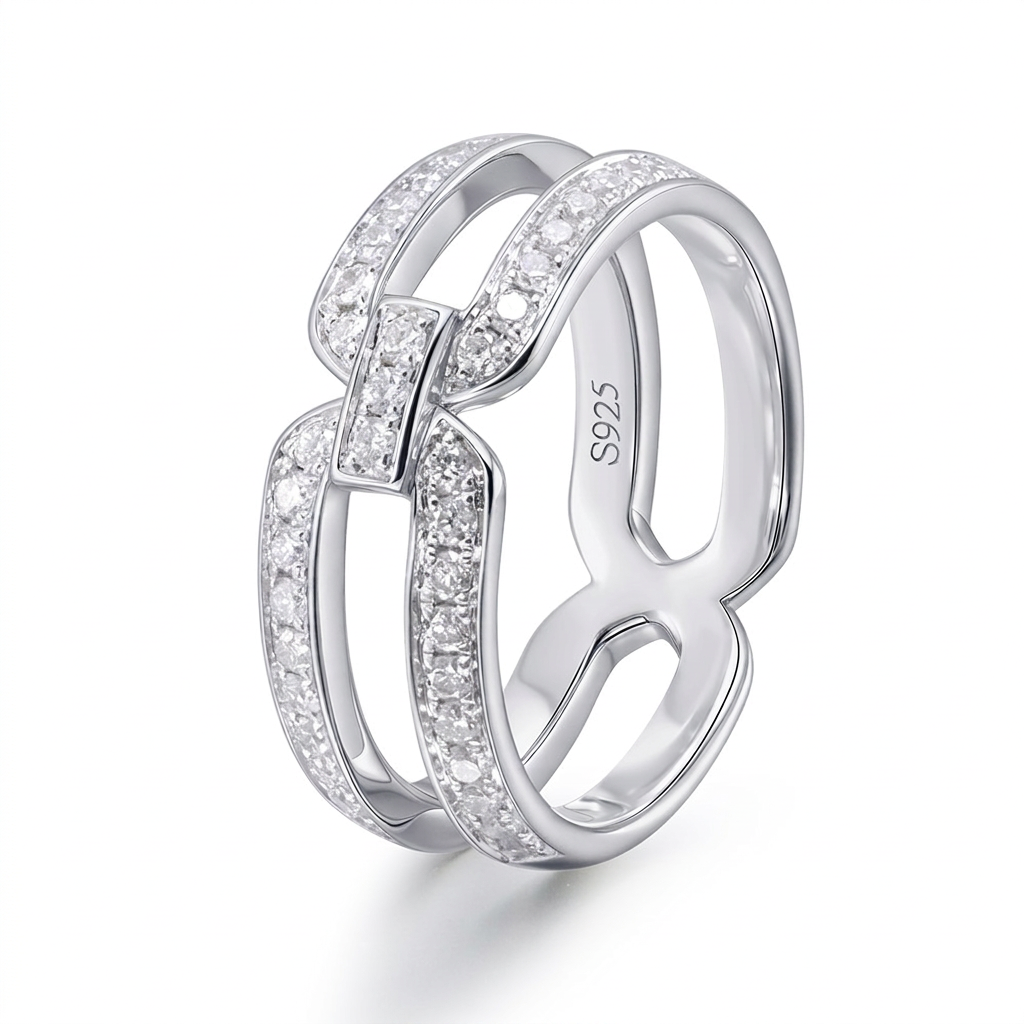 ALAIN MICHAL Intertwine 925 Argent Sterling Bague Diamant Semi-Baguet 43 Diamants Blancs 0,452-0,516 ct Largeur de Bague 7 mm Taille 55