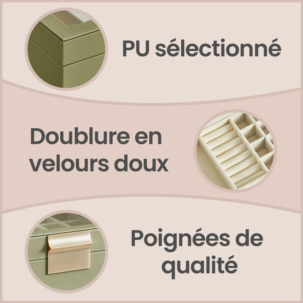 JOYFURNOS Boîte à bijoux avec couvercle en verre – Vert Sauge & Or, 3 niveaux, 2 tiroirs, organiseur de rangement moderne, taille 20,3 x 23,1 x 13,5 cm – excellente idée cadeau