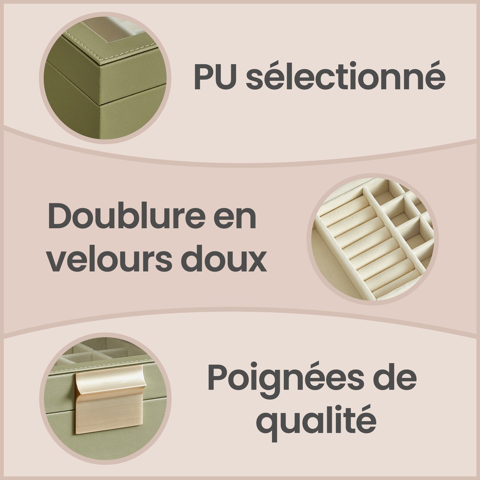 JOYFURNOS Boîte à bijoux avec couvercle en verre – Vert Sauge & Or, 3 niveaux, 2 tiroirs, organiseur de rangement moderne, taille 20,3 x 23,1 x 13,5 cm – excellente idée cadeau