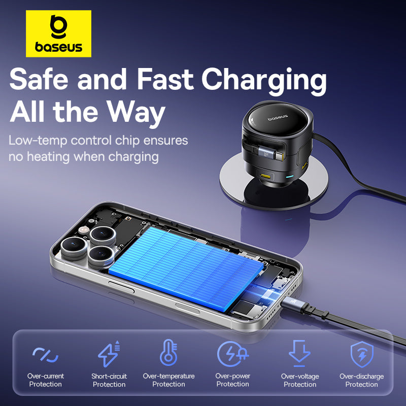 Baseus Plaisir de voyage Max chargeur de voiture version double câble + double port (C+L)+(U+C) 90W noir interstellaire