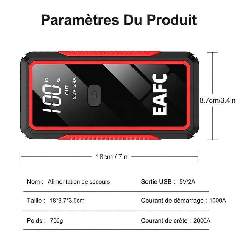 EAFC 2000A Démarreur de Voiture 12 V - 10000 mAh Batterie d'Urgence Portable avec Lampe de Poche LED, Booster de Batterie pour Véhicules Essence/Diesel avec Protection de Sécurité