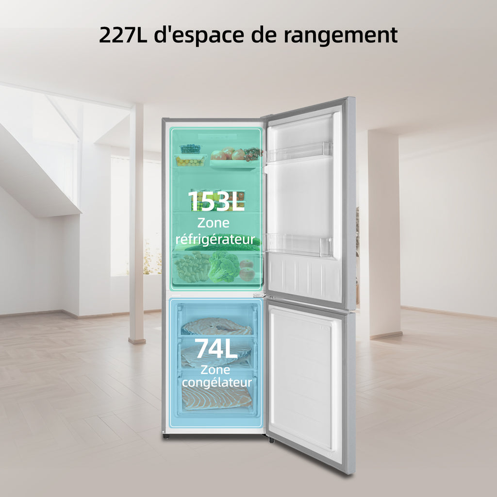 CHiQ JR227LSE Combiné réfrigérateur-congélateur, 227 L, Argent, Faible givre, Congélation 4 étoiles, Réfrigérateur 153 L et congélateur 74 L, Largeur compacte 54 cm, Porte réversible, Pieds réglables [Classe énergétique E]