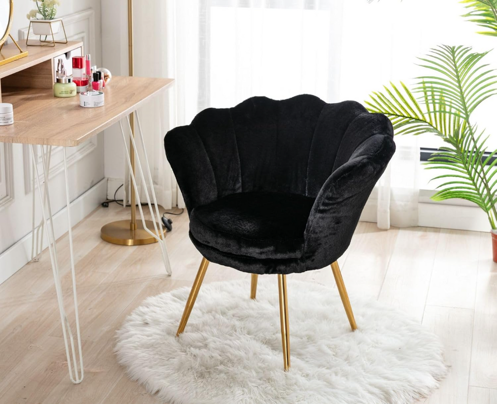 CHAIRUS Chaise d'appoint en velours en forme de pétale avec pieds dorés - Noir