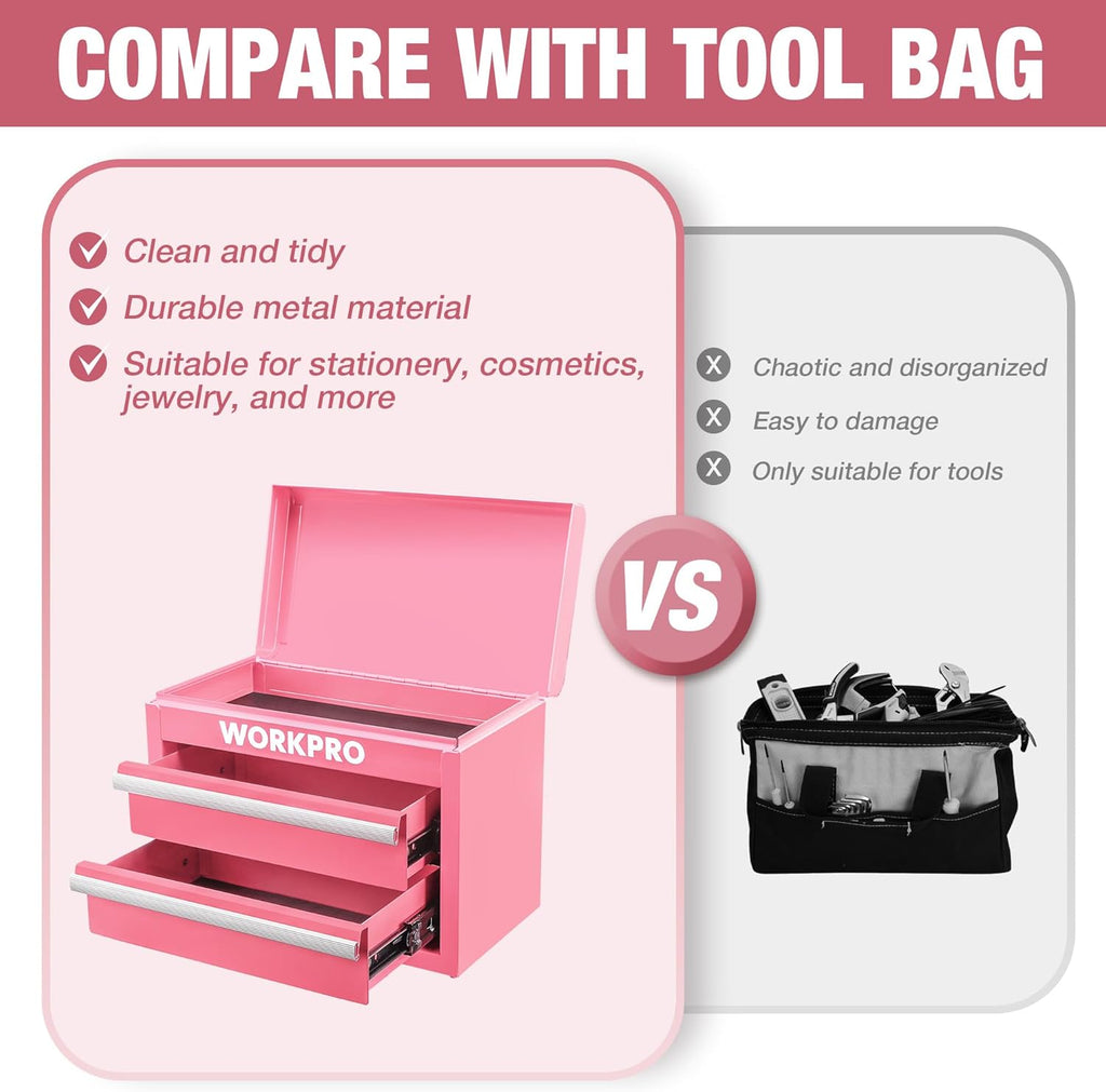 WORKPRO Boîte à tiroirs métallique avec 2 tiroirs et espace de rangement supérieur rose, 27,5 x 15 x 20,8 cm, organisateur de table avec tiroirs pour bureau, vestiaire et poste de travail