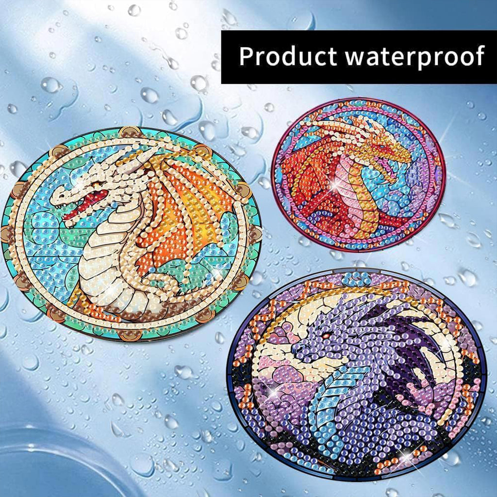 Ju7cer Ensemble de 8 sous-verres de peinture diamant avec support - Dragon arbre de la vie DIY | Débutant adulte artisanat de perçage rond complet 4×4 pouces (10×10 cm)