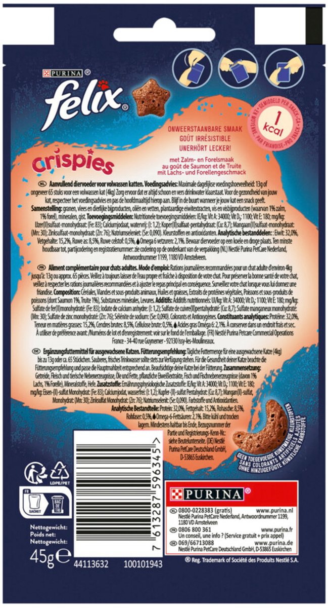 Felix Crispies Friandises pour Chat Saumon et Truite 8*45 g