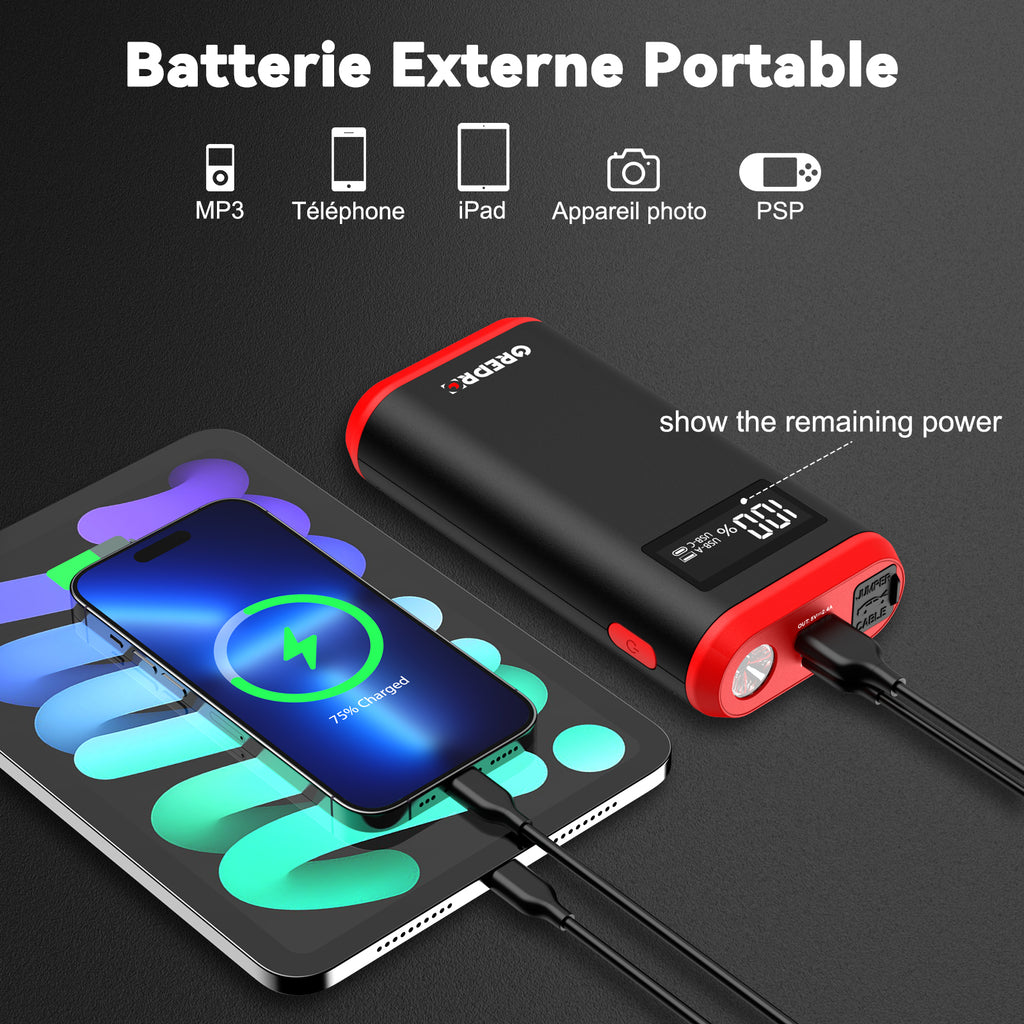 GREPRO Booster de Batterie 6000A, Démarreur de Voiture d’Urgence pour Véhicules 12V et Motos (jusqu’à 10,0L Essence / 8,0L Diesel), avec Écran LCD et Lampe Torche LED