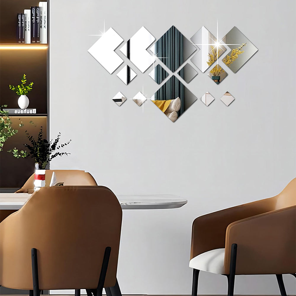 WhereHike Lot de 16 autocollants miroir en PVC, Autocollants miroir losanges emboîtables, Miroirs argentés multi-pièces